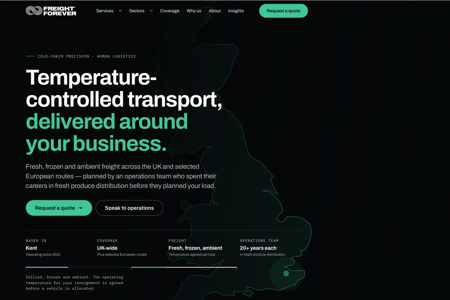 Freight Forever homepage: white and green display type on near-black, over an outline map of the UK, above a row of operating facts.
